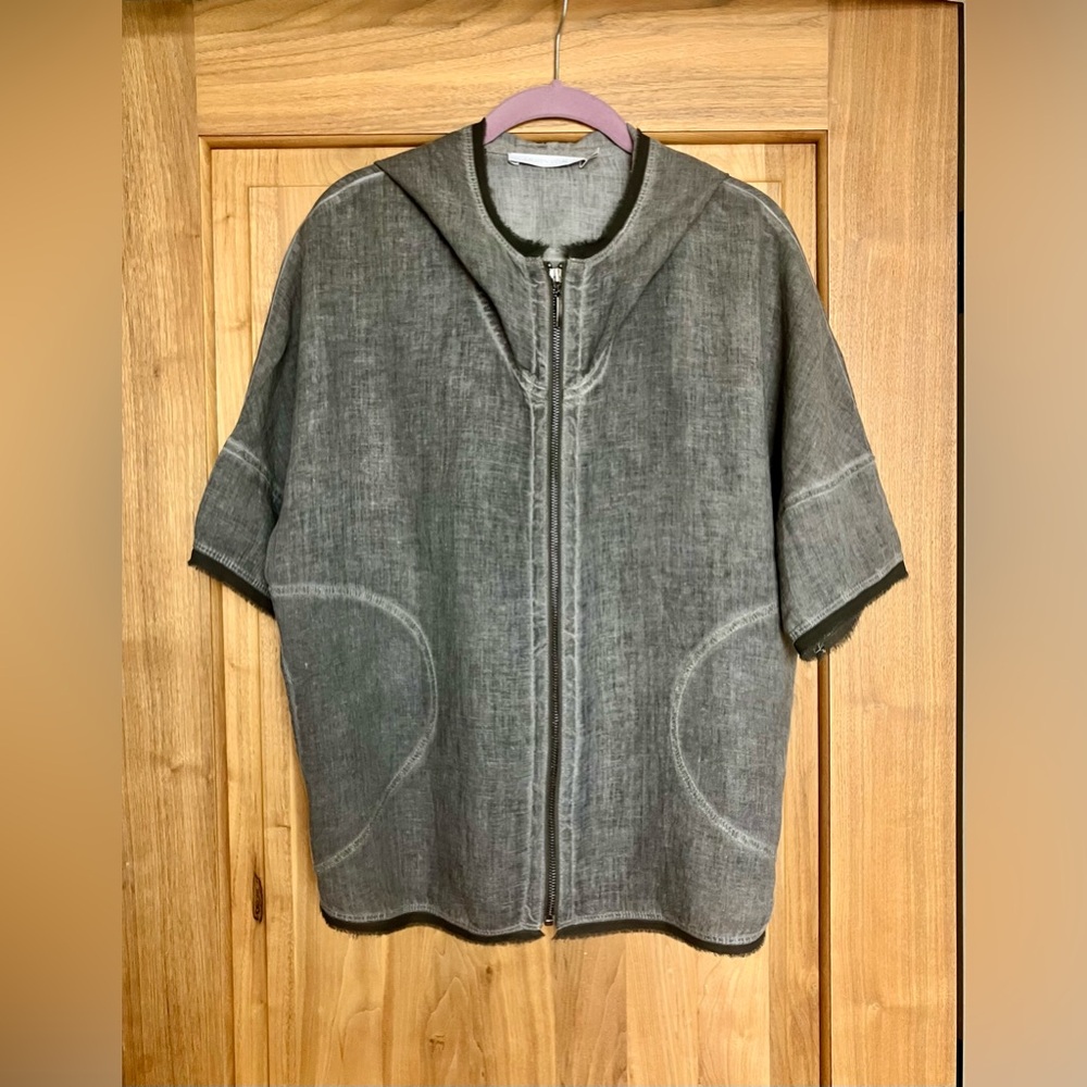 FAB LAUREN VIDAL Distressed Linen Zip Hoodie Jacket Stretch & Lace Insets M Gray